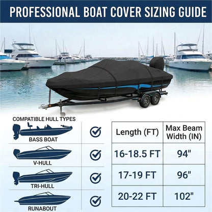 YimSting Boat Cover 16-18.5ft, 1200D Heavy Duty Waterproof Boat Cover with Metal Hook & Motor Cover, Fits 16' 17' 18' Bass Boat, V-Hull, Tri-Hull & Runabout Boats up to 94" Beam, Black