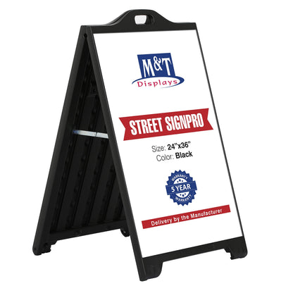M&T Displays Street SignPro Board, Black 24x36 Inch Sandwich Board A-Frame Sidewalk Curb Sign Holder Folding Portable Double Sided Advertising Display for Restaurant Cafe