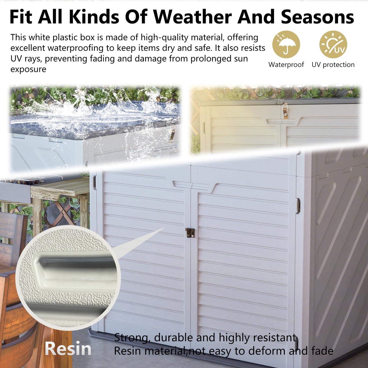 KEIKI Outdoor Storage Shed, Lockable Resin Storage Cabinet with Floor, Weather Resistant Tall Garden Shed for Tools, Patio Cushions, Lawn Equipment Backyard 61 cu. ft, White