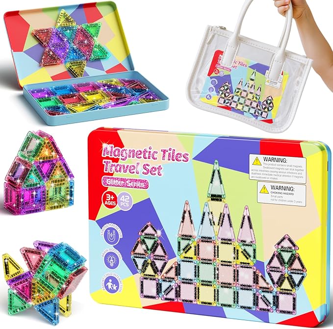 42 Pcs Mini Travel Glitter Magnetic Tiles Magnetic Block Set with Storage Box - STEM Educational Sensory Preschool Building Toy for Toddlers Ideal Kids Gifts for Ages 2 3 4 5 6