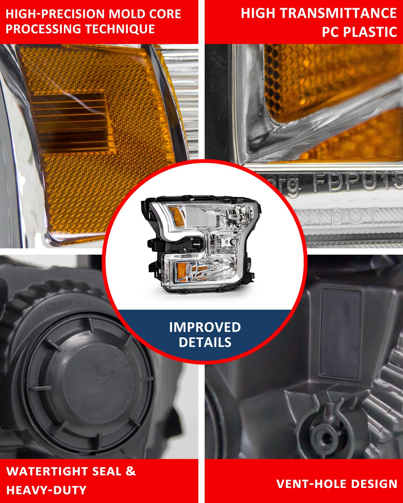 for Ford F150 2015 2016 2017 Headlight Assembly Halogen Lamp Chrome Housing Amber Reflector Driver Side and Passenger Side (Does not fit Models Equipped with LED or HID Headlights)（W/O Bulbs）
