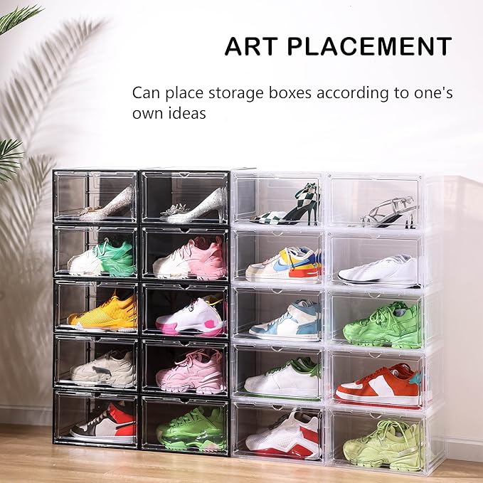 Attelite Large Clear Shoe Box OrganizerPlastic Stackable Shoe Storage Box with Magnetic Door Large Clear Door Shoe Containers for Display Sneakers Easy Assembly（Black）