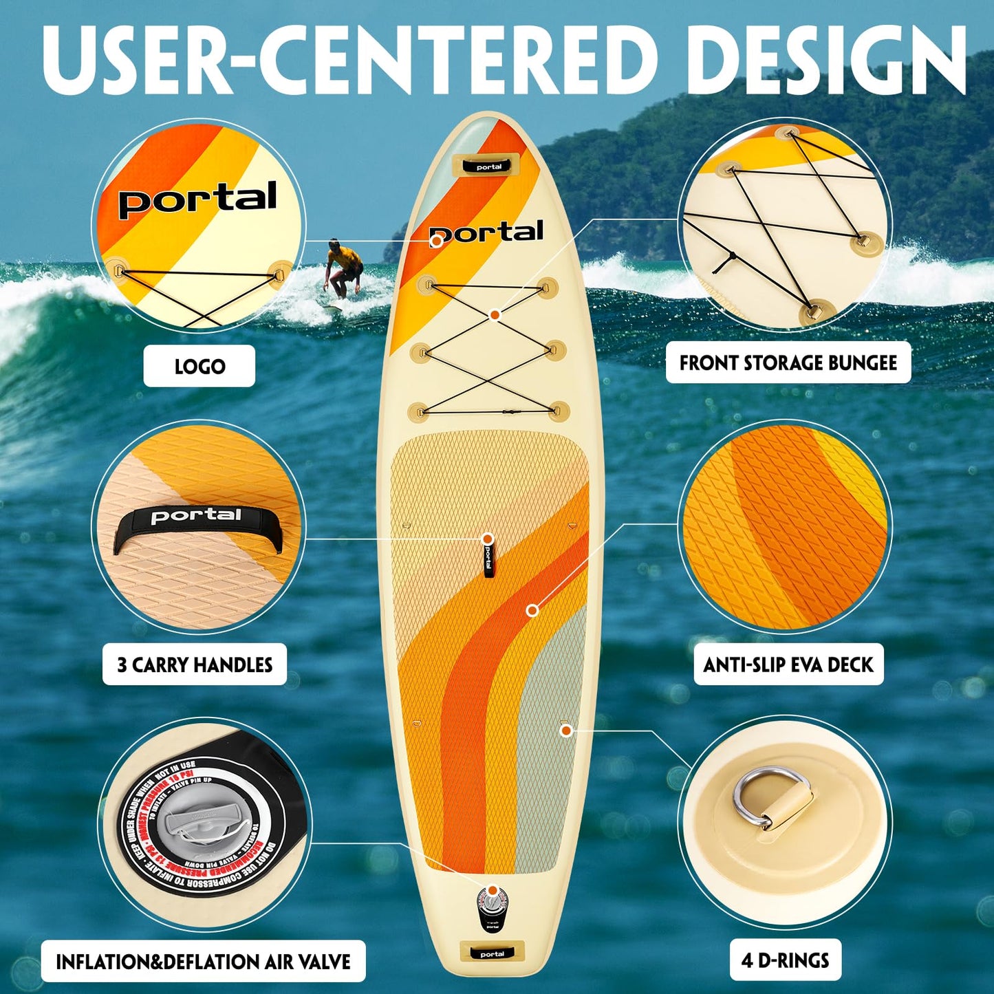 PORTAL SUP Inflatable Paddle Board for Adults, 10'6'' Stand Up Paddleboards, Non-Slip Deck Blow up Paddle Boards with Adjustable Paddle, Carry Bag, Emergency Repair Kit