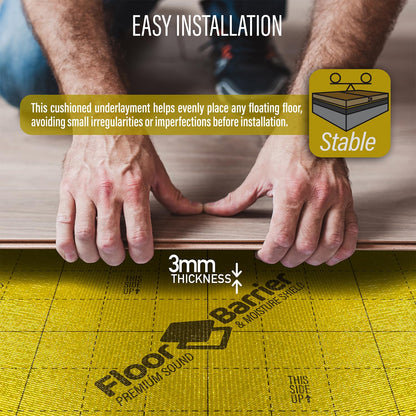 Premium Floor Underlayment with Moisture Barrier – 200 sq ft Roll, 3mm Thick – Quiets Foot Traffic Noise, Under Floor Insulation for Hardwood, Laminate, & Vinyl Plank Flooring (2 Pack)