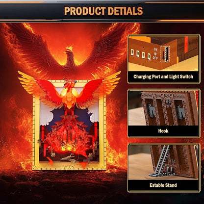 Phoenix Nirvana Building Block Sets 1565 Pcs Magic Fire Phoenix Building Toys with LED Lights 15*6.3*13.78in 3D Framed Wall Art Firebird DIY Model Kit for Gifts Decorations Collectibles