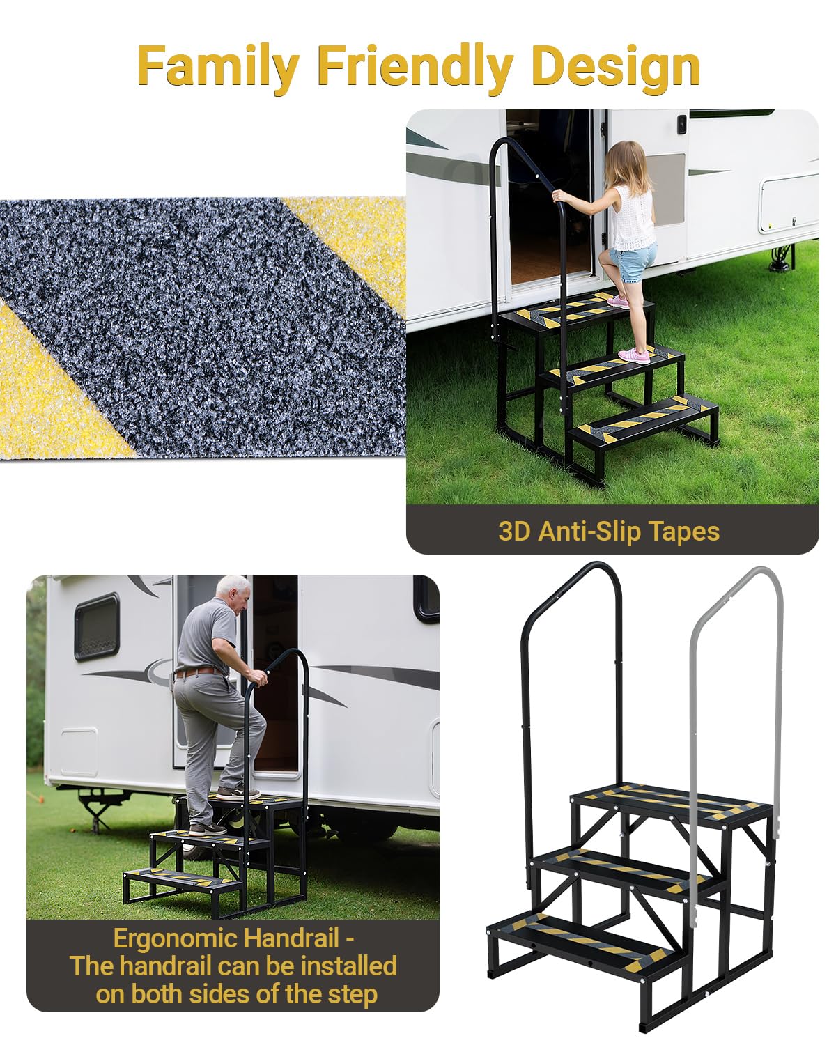 Altyostar RV Steps with Handrail Heavy-Duty 3 Step Camper Entry Step Stairs for 5th Wheel RVs Outdoor Camping Travel Trailers Motorhome Mobile Home Porch Hot Tub Spa Portable Step