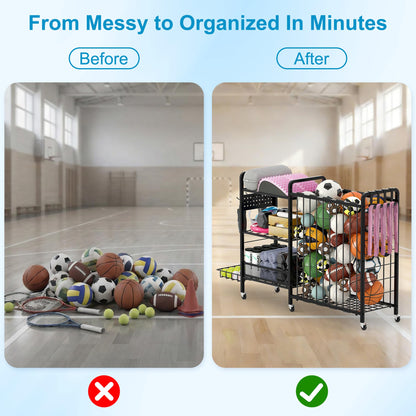DUDUXI Sports Equipment Garage Organizer,Garage Ball Storage Rack for Sports with Wheels-Upgraded 3 Layers Organizer Rack Outdoor Basketball Racks for Balls with Holder and Hooks (Deep Black)