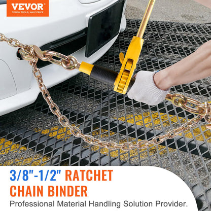 VEVOR 3/8"-1/2" Ratchet Chain Binder with Chain, G80 12000 lbs Secure Limit, Heavy Duty Load, Labor-Saving Anti-Skid Handle, Tie Down Hauling Chain Binders for Flatbed Truck Trailer, 2 Set & Yellow