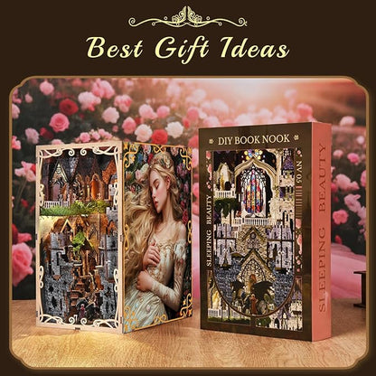 DIY Book Nook Kit for Adults 3D Wooden Puzzle Bookend Bookshelf Insert Decor with LED Light and Dust Cover (Sleeping Beauty)