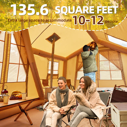 YOLENY 136 Sqft 8-10 People Inflatable Camping Tent with 4 Doors, Versatile Side Wall, Up to 8.7 Ft, 600D Oxford Cloth, AC Port, Stove Jack, Hand Pump, 4 Seasons