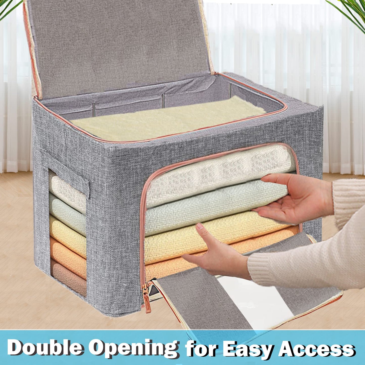 SWEERI Extra Large Clothes Storage Bins with Metal Frame, Foldable Organizer for Home Organization, 2-Way Zipper, Clear Window Storage Bags for Clothes, Bedding, Seasonal Storage, 100L x 3Pack