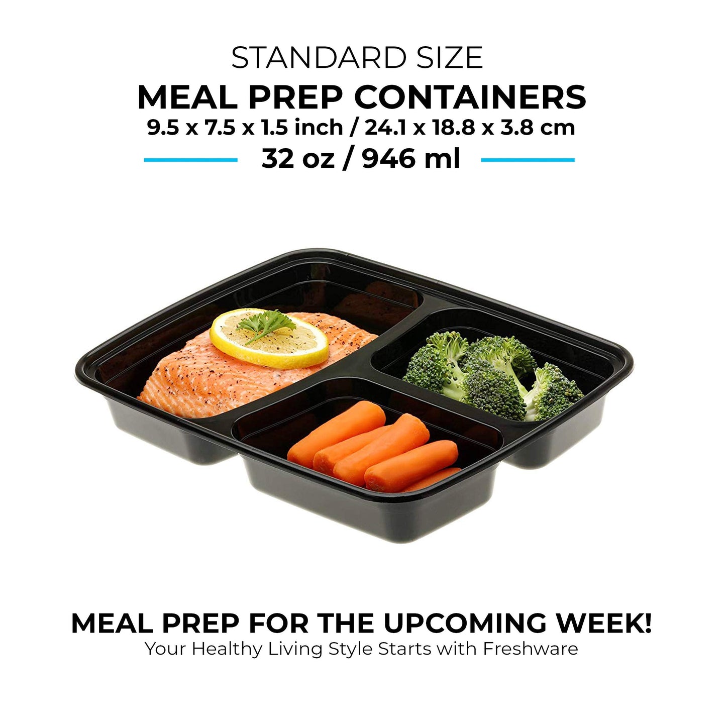 Freshware Meal Prep Containers 3 Compartment with Lids, Food Containers, Lunch Box, Stackable, Bento Box, Microwave/Dishwasher Safe & Meal Prep Containers 2 Compartment, Black