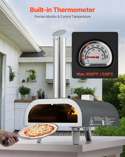 VEVOR Outdoor Pizza Oven, 12 Inch Wood Fired Pizza Ovens, Pellet Pizza-Stove with Thermometer, Portable Pizza-Maker for Outside Backyard Patio Camping, Pizza-Stone, Carry Bag, Shovel, Black