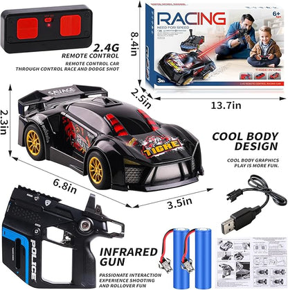 3-in-1 RC Drift Car Remote Control 1:24 Police/Sports/Racing Rechargeable 2-Player Battle Set with Infrared Gun Knock-to-Flip 60 Min Play for Kids 4 5 6 7 8 9 Year Old (Black)