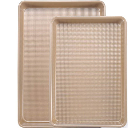 JOHO BAKING Cookie Sheets for Baking Nonstick, 2 Pack Heavy Duty 0.8mm Baking Sheet Pan Set Quarter(9x13in) & Jelly Roll(10x15in) with Diamond Texture, Gold Commercial Grade, Small Oven Safe