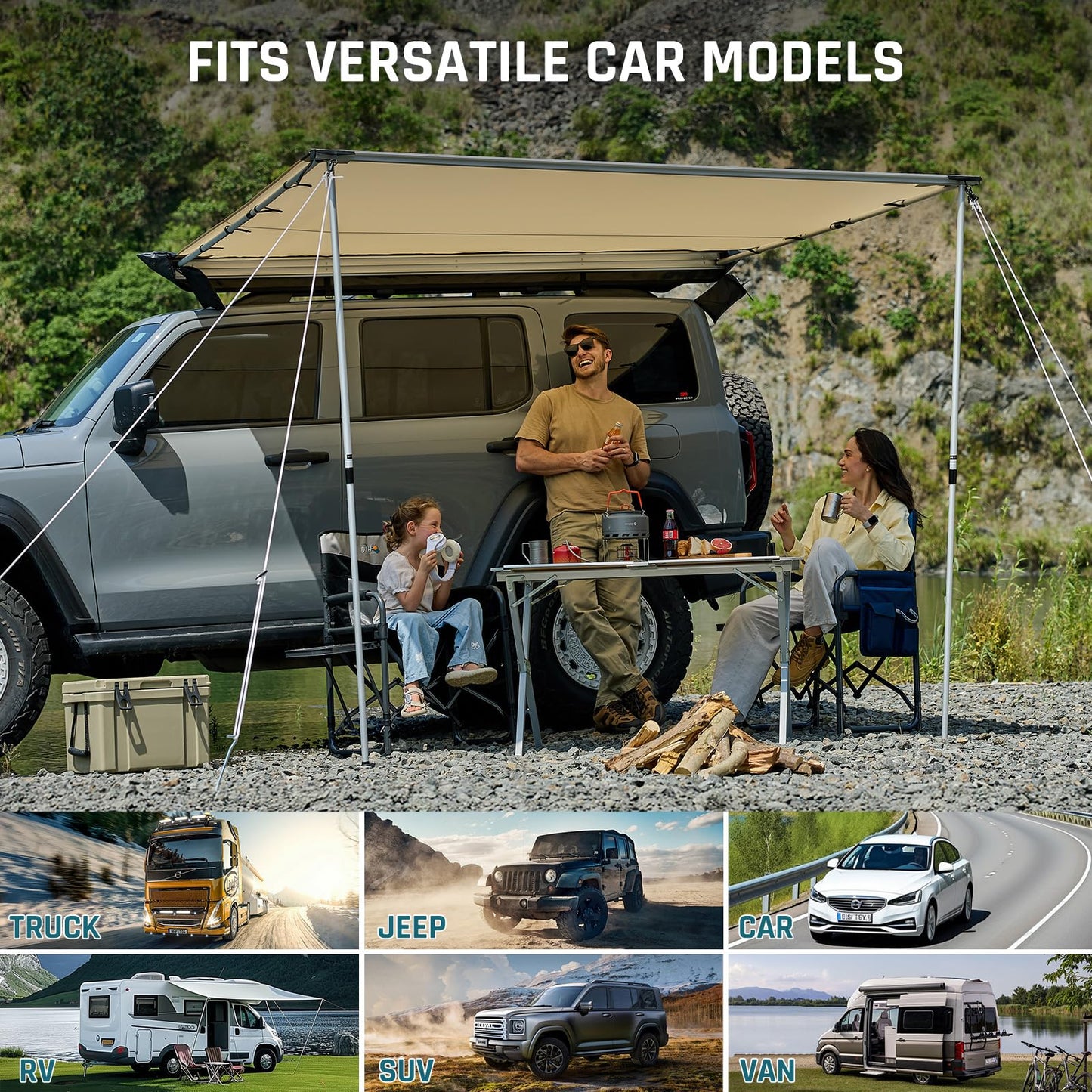 Vehicle Awning 8.2'×8.2' Roof Rack Pull-Out Sun Shade with UV Protection and Waterproof PU1000mm, Retractable Easy Up Camper Awning, Jeep/SUV/Truck/Van/RV Awning for Camping and Overland