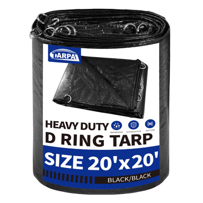 TARPAL Tarp 20x20 Feet Heavy Duty Tarps 14mil D-Ring Waterproof Tarp for Outdoors UV Protection Triangular Sewing Design Reinforced Corners and Edges（Black）
