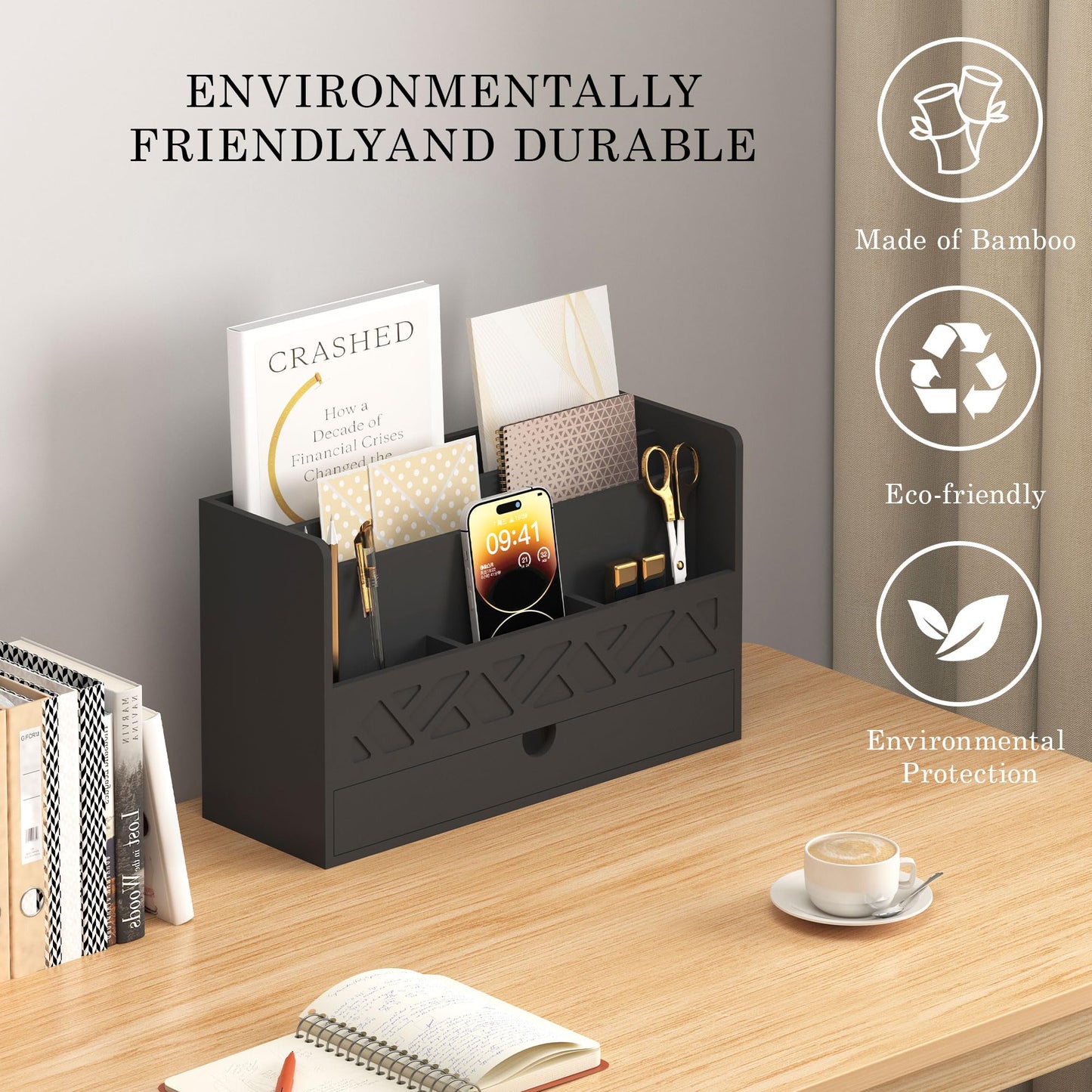 Bamboo Mail Organizer Countertop Desktop with Drawer - Desk Organizer with File Organizer for Office Supplies All-in-One Desk File Organization with Pencil Holder for Paper Letter Envelope Bill