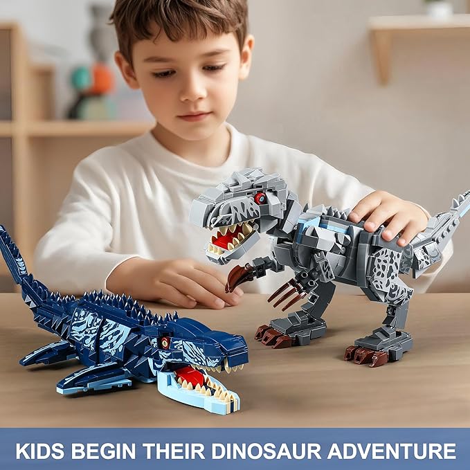 Dual Dinosaur Building Sets - Indominus Rex &amp Mosasaurus Dinosaur Toys with Poseable Joints STEM Educational Toys for Kids Ages 6-12 Creative Birthday Gifts for Boys and Girls