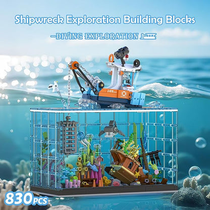 Fish Tank Building Blocks Set - 830PCS Ocean Treasure Hunt Building Set with Adventure Boat Shark Jellyfish &amp Coral Reef STEM Toys Birthday Christmas Building Blocks Gift Idea