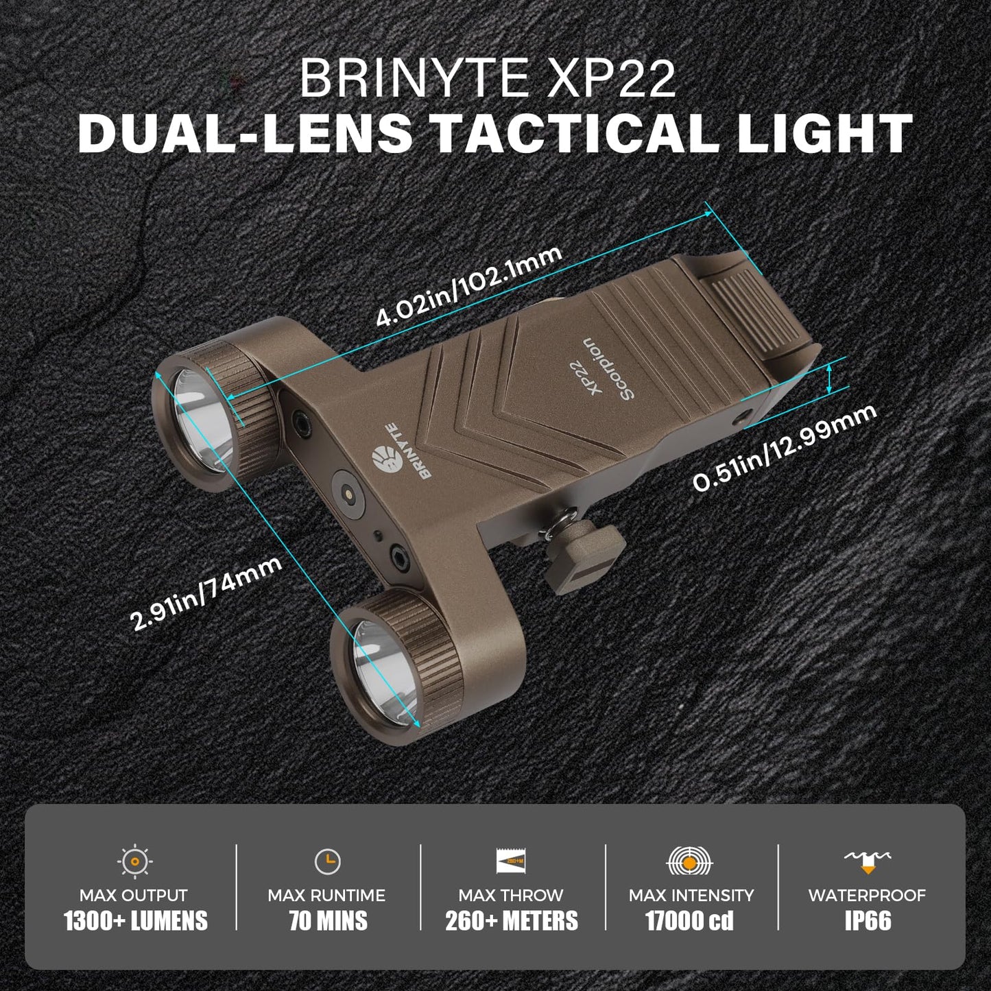 Brinyte XP22 Dual-Head 1300 Lumens Tactical Flashlight, Magnetic Rechargeable Low Profile Compact Picatinny Flashlight with Strobe, for Outdoor Picatinny Rail, Desert Tan