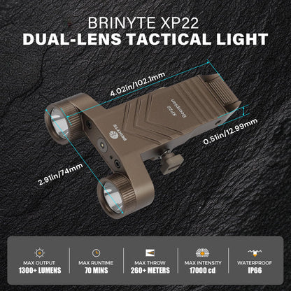 Brinyte XP22 Dual-Head 1300 Lumens Tactical Flashlight, Magnetic Rechargeable Low Profile Compact Picatinny Flashlight with Strobe, for Outdoor Picatinny Rail, Desert Tan