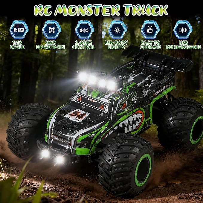Remote Control Monster Truck for Kids: Off-Road RC Car with Headlights &amp Body Lights 1:18 20 km/h 2WD 2.4 GHz All-Terrain Rechargeable High-Speed - Birthday for Boys Ages 4-12