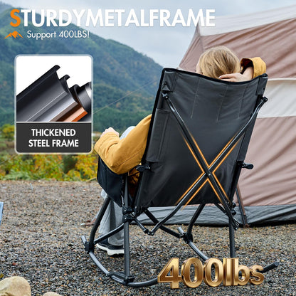 Portal Oversized Folding Rocking Camping Chair for Adults, Portable & Foldable Outdoor Lawn Rocker Chairs with High Back Hard Armrests Carry Bag for Outside, Camp, Patio, Supports 400lbs, Grey&Black