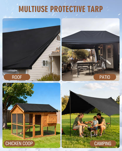HIRALIY 20 Mil Heavy Duty Waterproof Tarp, 20x30ft Black Tarpaulin with Reinforced Webbing Loops, Multipurpose Oxford Fabric Tarp for Firewood, Roof, Camping, Pool