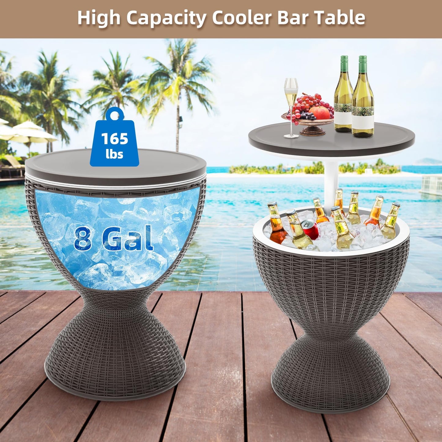 SHAREWIN Patio Cool Bar Table, Height-Adjustable Outdoor Bar Tables 8 Gallon Beer and Wine Cooler, 3-in-1 Rattan Style Ice Cooler with Drainage Plug for Pool Party (Grey)