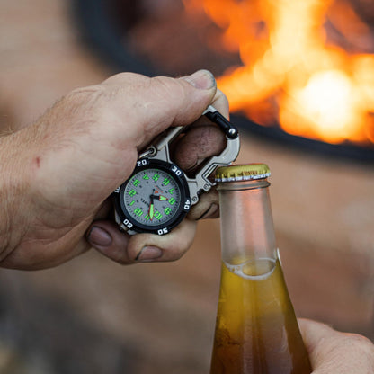 Dakota Flint Clip-On Survival Watch – Outdoor Tool with Flint Fire Starter, LED Flashlight & Bottle Opener – Silver