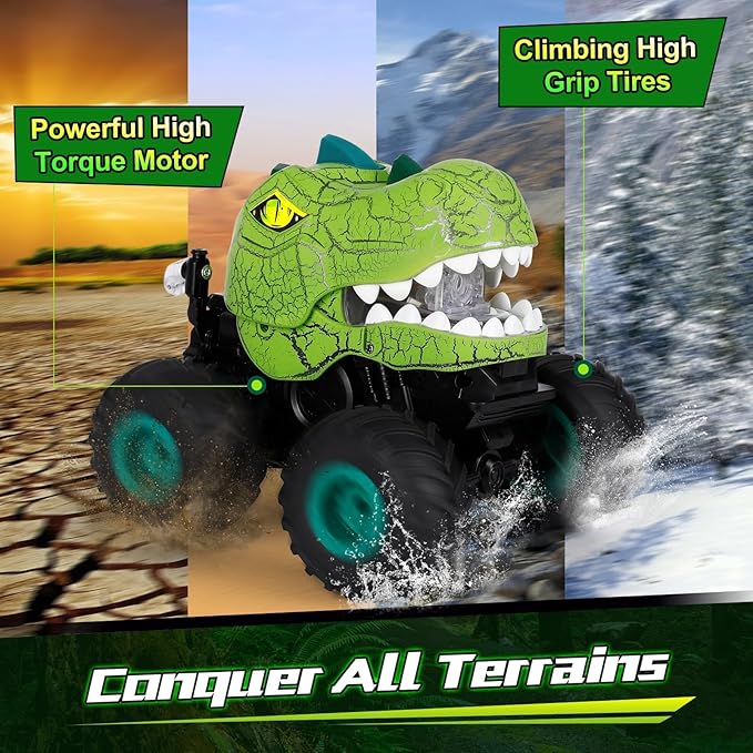 Dinosaur Remote Control Car for Kids Ages 3-5 6-12 Remote Control Monster Truck with Spray Light 360° Rolling&amp90° Driving All Terrain Dinosaur Toy for Boys Birthday Gift