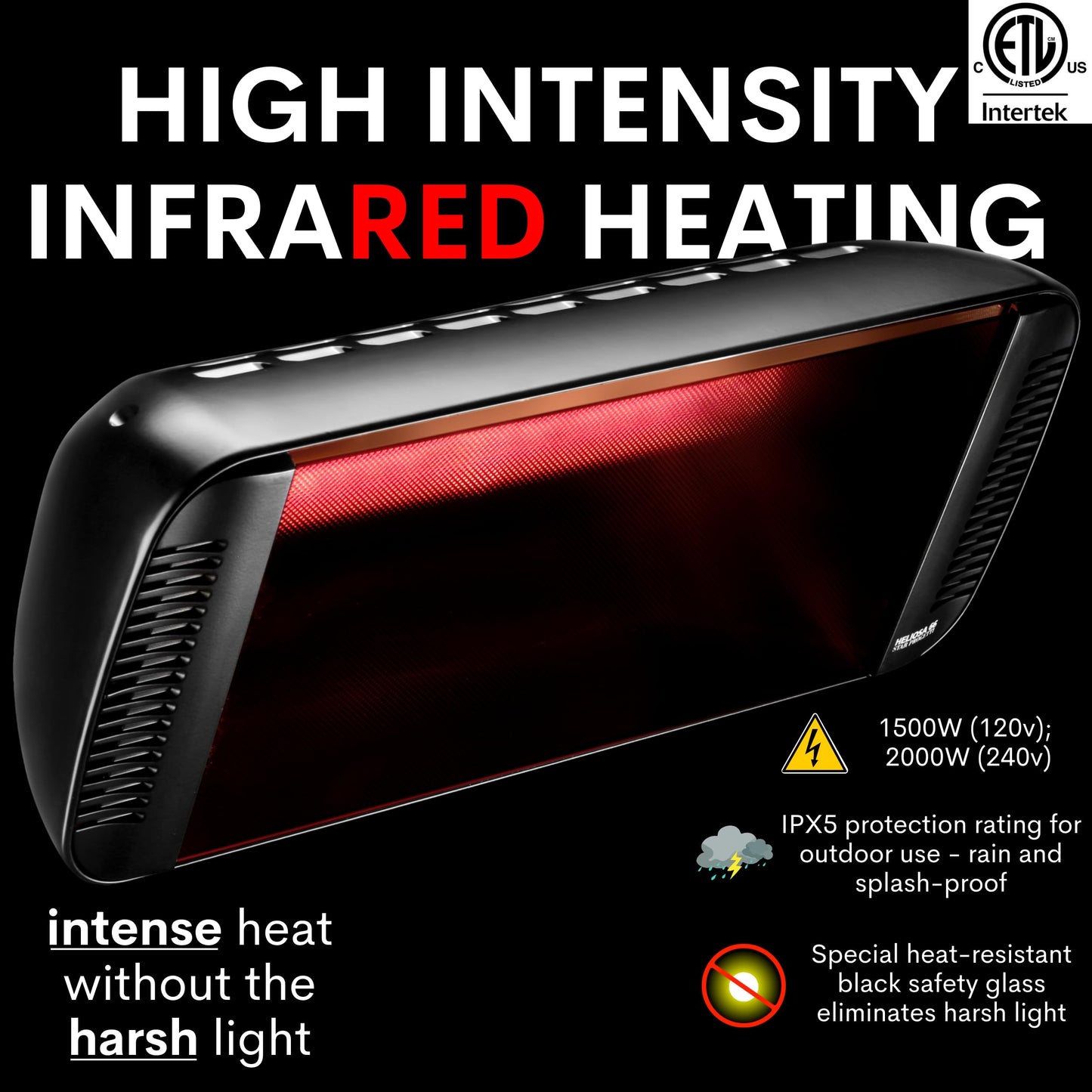 Heliosa Professional Electric Infrared Outdoor Patio Heater, Wall Mounted, Comes with 6' 120V Plug-in Cord, Water Resistant for Residential and Commercial Use