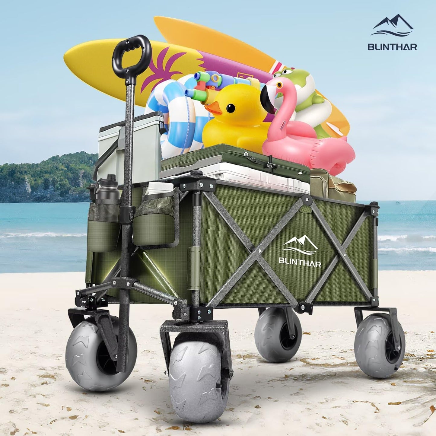 BLINTHAR Beach Wagon with Big Wheels for Sand, Heavy Duty Harder Sand Collapsible Folding Wagon with All-Terrain 9" Pneumatic Ballon Tires, Utility Wagon for Garden Sports Camping Outdoor Activities