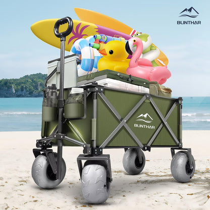 BLINTHAR Beach Wagon with Big Wheels for Sand, Heavy Duty Harder Sand Collapsible Folding Wagon with All-Terrain 9" Pneumatic Ballon Tires, Utility Wagon for Garden Sports Camping Outdoor Activities