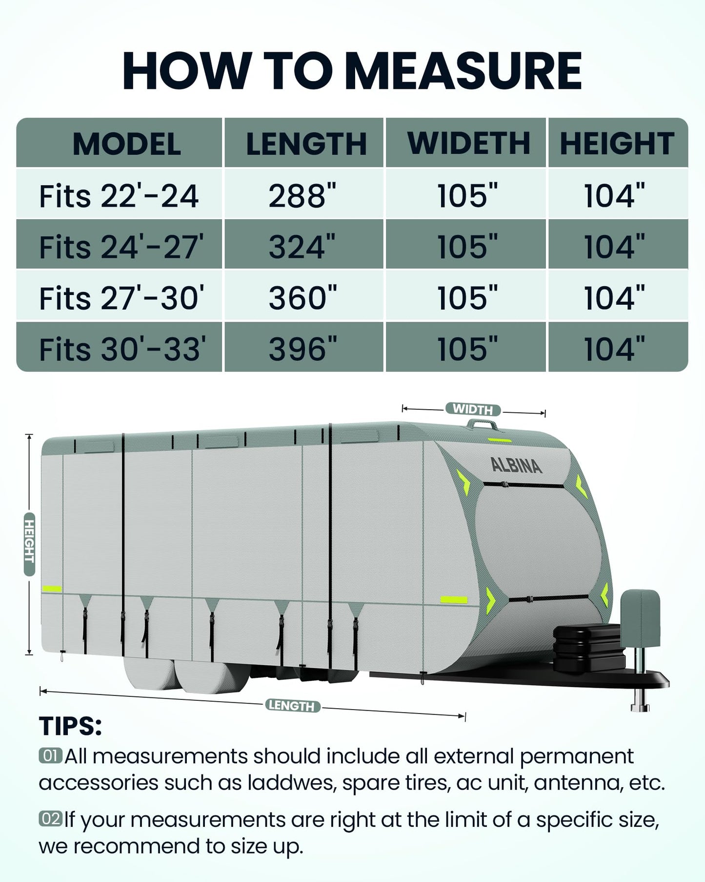 ALBINA 300D Oxford Travel Trailer RV Cover, 22-24" Waterproof Tearproof Windproof Camper for Winter Snow With Zipper Door, Jack Cover, 4 Tire Covers and Wind Protector Straps