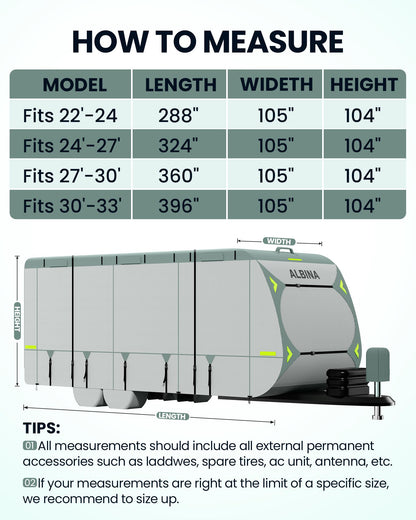 ALBINA 300D Oxford Travel Trailer RV Cover, 22-24" Waterproof Tearproof Windproof Camper for Winter Snow With Zipper Door, Jack Cover, 4 Tire Covers and Wind Protector Straps