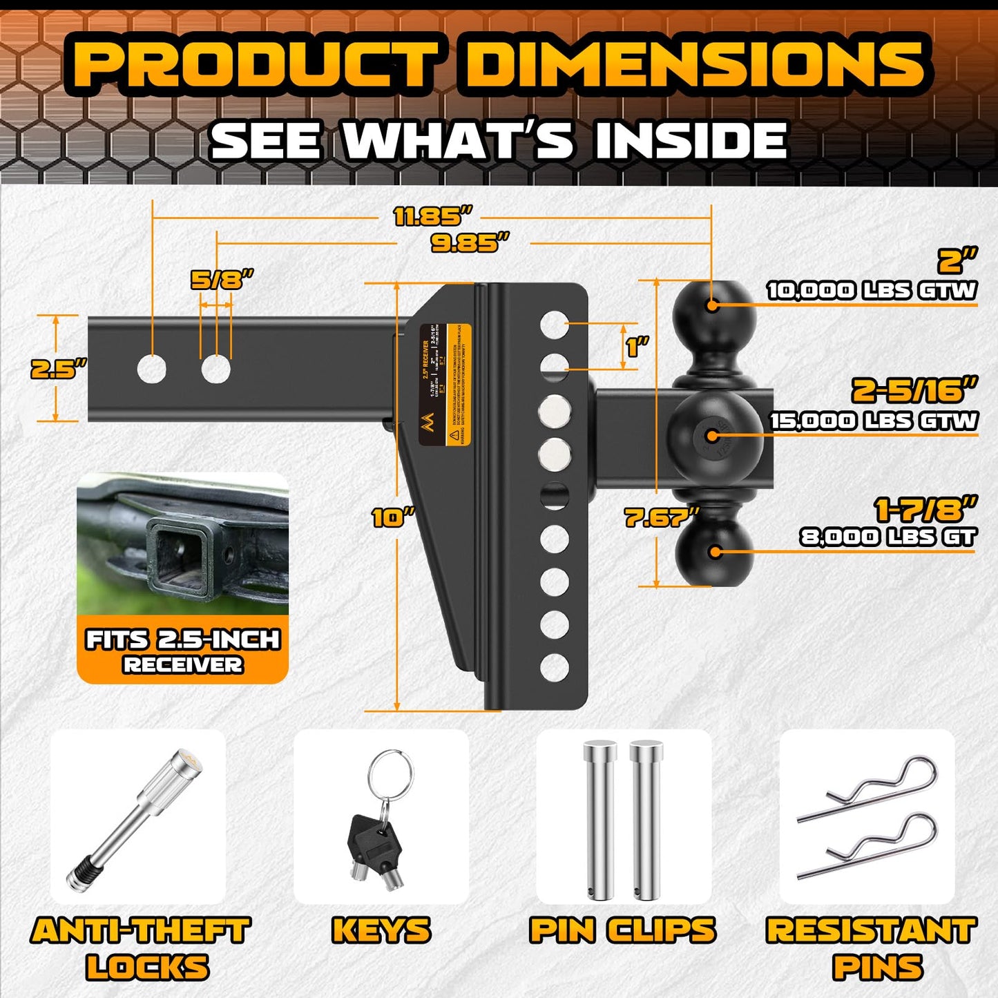 Mmtowus Adjustable Trailer Hitch - Drop Hitch -Tri Ball Mount w/Hook (1-7/8'', 2''&2-5/16''), Fits 2.5-Inch Receiver, 8'' Drop/Rise 15,000 LBS GTW Tow Hitch, 3 Ball Hitches for Trucks, RV, Camper etc