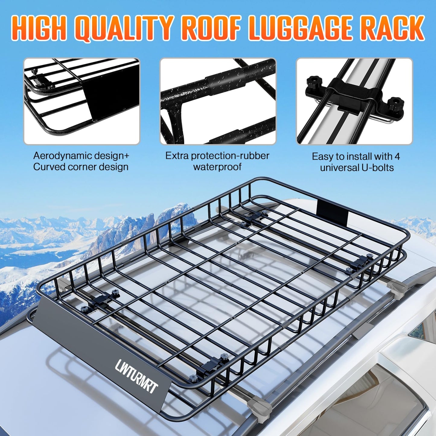 LWTURMRT 64 x 39 Inch Universal 300LB Heavy Duty Roof Rack Cargo with Cargo Net, Car Top Luggage Holder Carrier Basket for SUV,Truck or RV Camping Storage Steel Construction