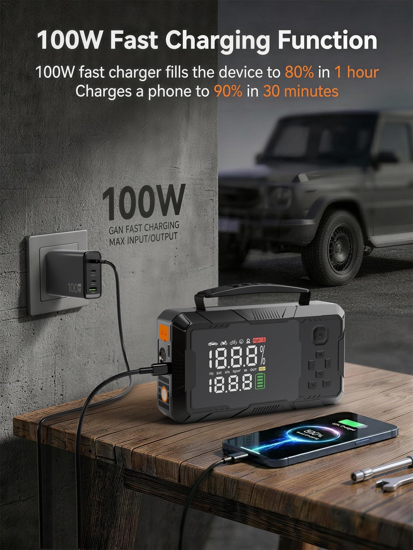 CTWJO Jump Starter with Air Compressor, 3000A Portable Car Battery Jumper Starter with 100W Wall Charger, 16000mAh Power Bank PD 65W Fast Charging, 150PSI Tire Inflator (30L/min), 12V Jump Box