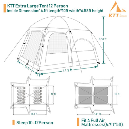 KTT Extra Large Tent 12 Person(A),Family Cabin Tents,2 Rooms,3 Doors and 3 Windows with Mesh,Straight Wall,Waterproof,Double Layer,Big Tent for Outdoor,Picnic,Camping,Family Gathering(Brown)