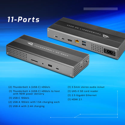 OWC Thunderbolt Go Dock, 11 Ports, Built in Power Supply, 90W Charging, TB4 (USB-C), USB, HDMI, 2.5GbE, SD, Also Compatible with USB-C Devices, Supports Thunderbolt Share