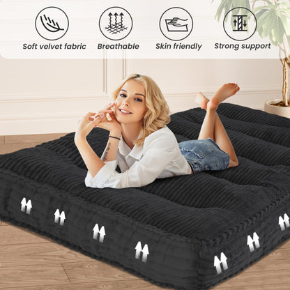 8” Futon Mattress Full Size 54” x 80”, Futon Sofa Couch Bed with Twisted Rope Design Edging, Extra Thick Corded Floor Futon Mattress Sleeping Mat for Adults, Camping, Dorm, Black(Frame Not Included)