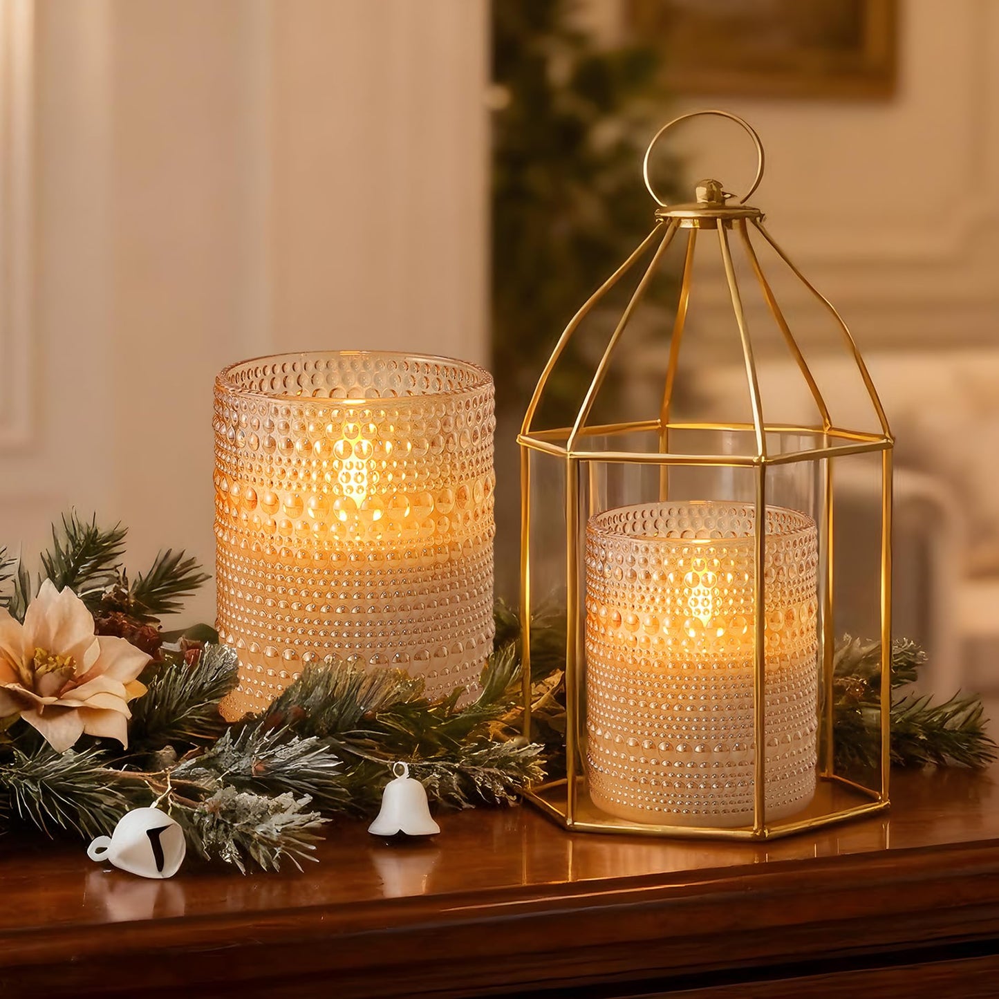 Velsyn Dotted Glass Flameless Candles with Remote Timer, Real Wax Battery Operated LED Pillar Candles with 3D Flickering Flame for Festival Wedding Home Party Decor, 3" x 4", 4" x 5", Set of 2 (Gold)