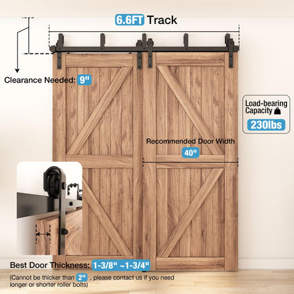 ZEKOO 6.6FT Double Track Bypass Sliding Barn Door Hardware Kit for 2 Doors, Bypass Barn Door Track Kit, Low Ceiling, Easy Install, J Shape Hanger, Fit 40" Wide Door Panel