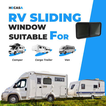 HECASA RV Window Teardrop Horizontal Sliding 42inW x 22inH, Tempered Glass, Powder Coated Black, Model MO-5414, 1PC