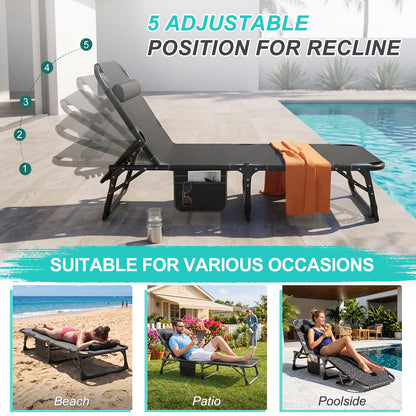 ABORON 3-in-1 Folding Lounge Chair with Padded Cushion, 440LB Heavy-Duty 3-Fold Adjustable Recliner & Guest Bed, No Assembly Portable Chaise Lounge for Patio, Poolside, Office Nap & Camping