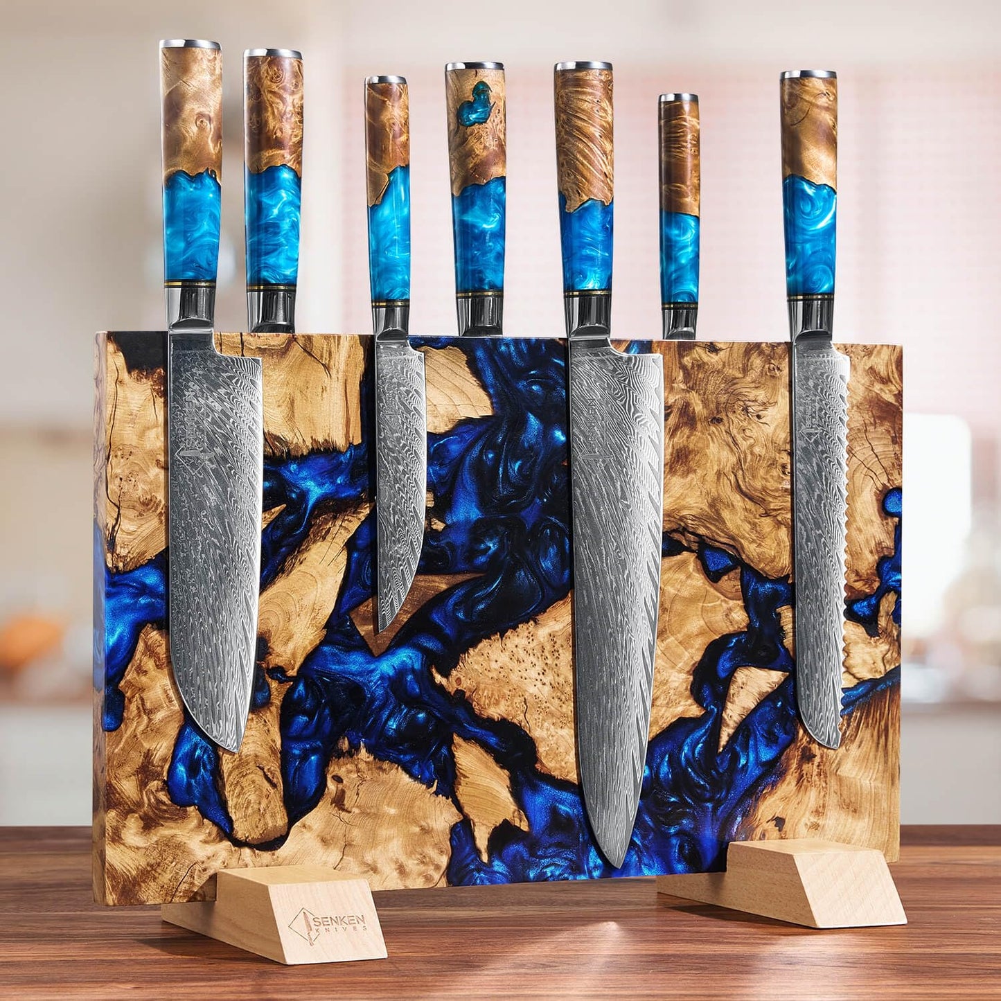 SENKEN "Dark Tsunami" Extra Large Magnetic Knife Block - Holds Up to 16 Knives - Knife Block without Knives, Beautiful Dark Blue Resin Burl Wood Blend Knife Holder ("Dark Tsunami " Blue Resin Blend)