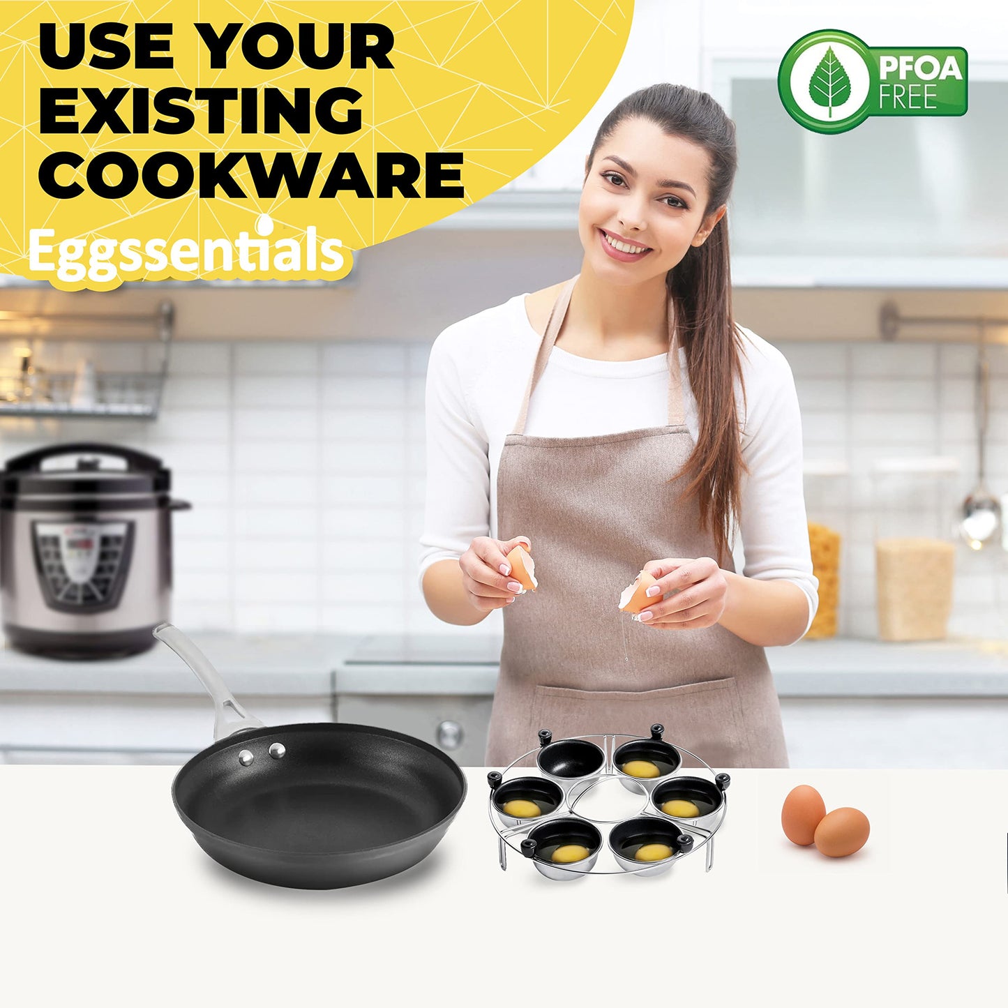 Eggssentials Egg Poacher Insert Stainless Steel Poached Egg Cooker Eggs Poaching Cup PFOA Free Egg Poachers Nonstick, 9 inches Rack, 6 Poached Cups
