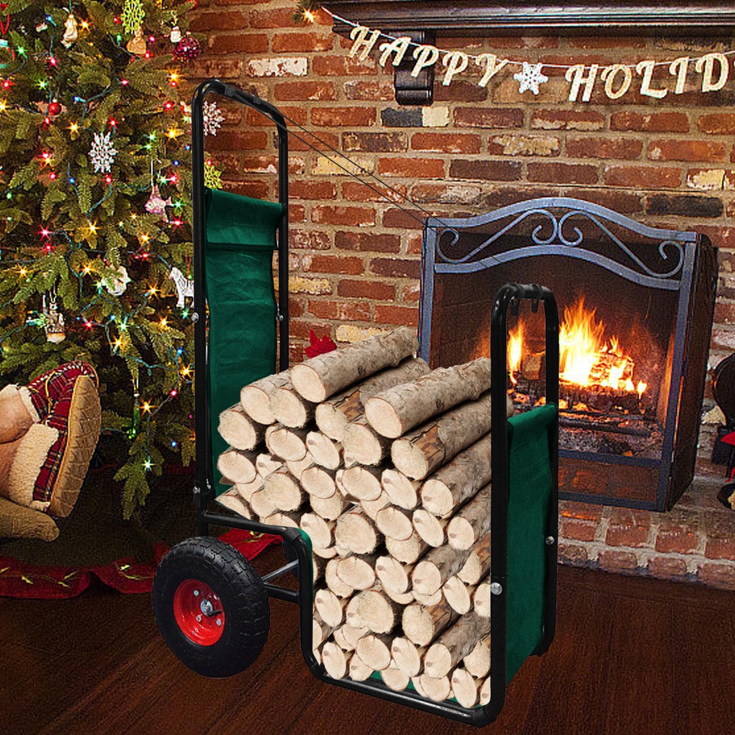 KAIDIDA Firewood Cart with Wheels: 44 X 27 X 20 in Heavy Duty 260 lbs Load Capacity Waterproof Easy Assembly Rack for Indoor Garden Backyard Fireplace Men Women Use with Rubber Wheels